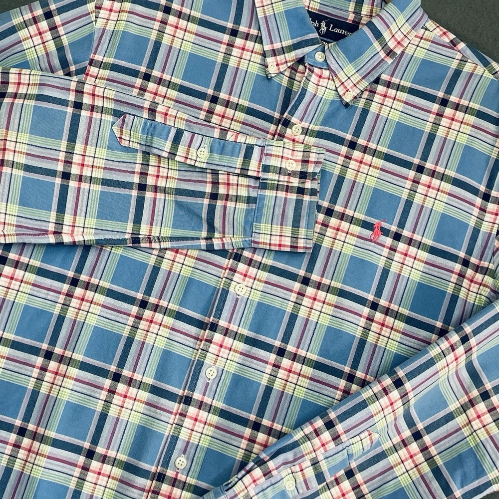 Ralph Lauren Mens Large Plaid Button Down Shirt LS 100% Cotton Pony Custom Fit